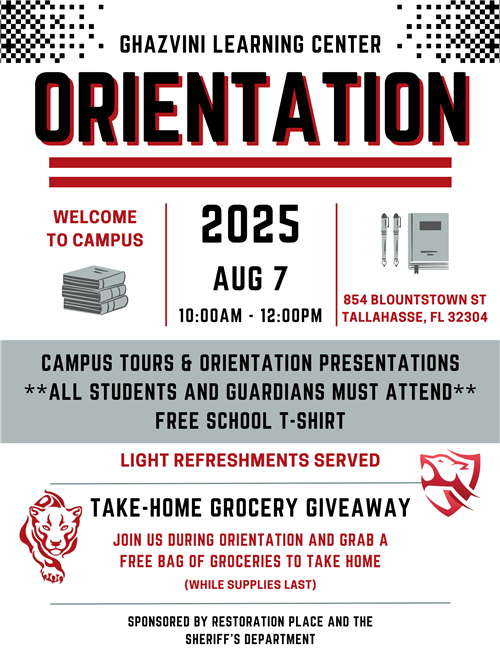 Orientation is August 7 10 am - 12 pm. Campus tour, presentation, free t-shirt, refreshments, and groceries.